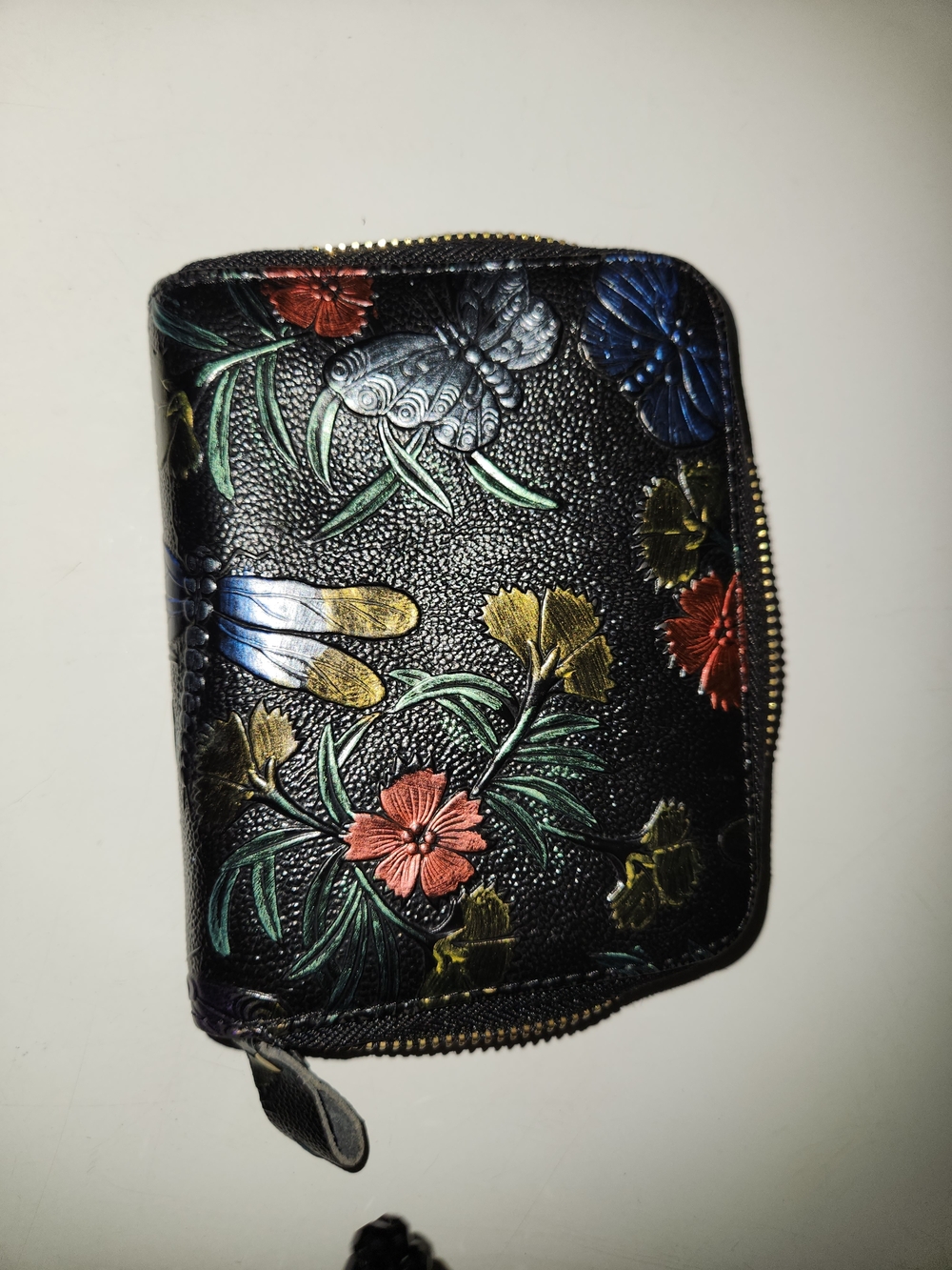 Black Floral Embossed Zip Wallet - Women's Floral Leather Card Holder